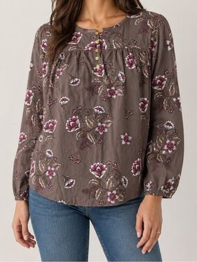 St. John's Bay Taupe Floral Peasant Blouse with Pink Accents
